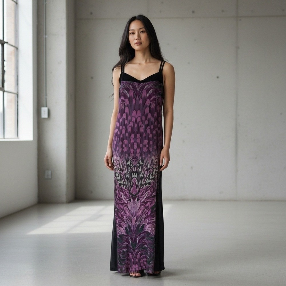 KAS New York Plum Feather Print Maxi Dress Medium Faux Suede Panels‎